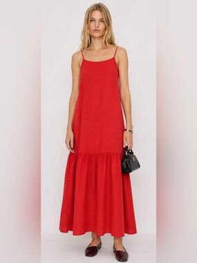 Caractere Linen Blend Red Midi Dress Sz 10 Quiet Luxury Resort NWT $226 Pockets
